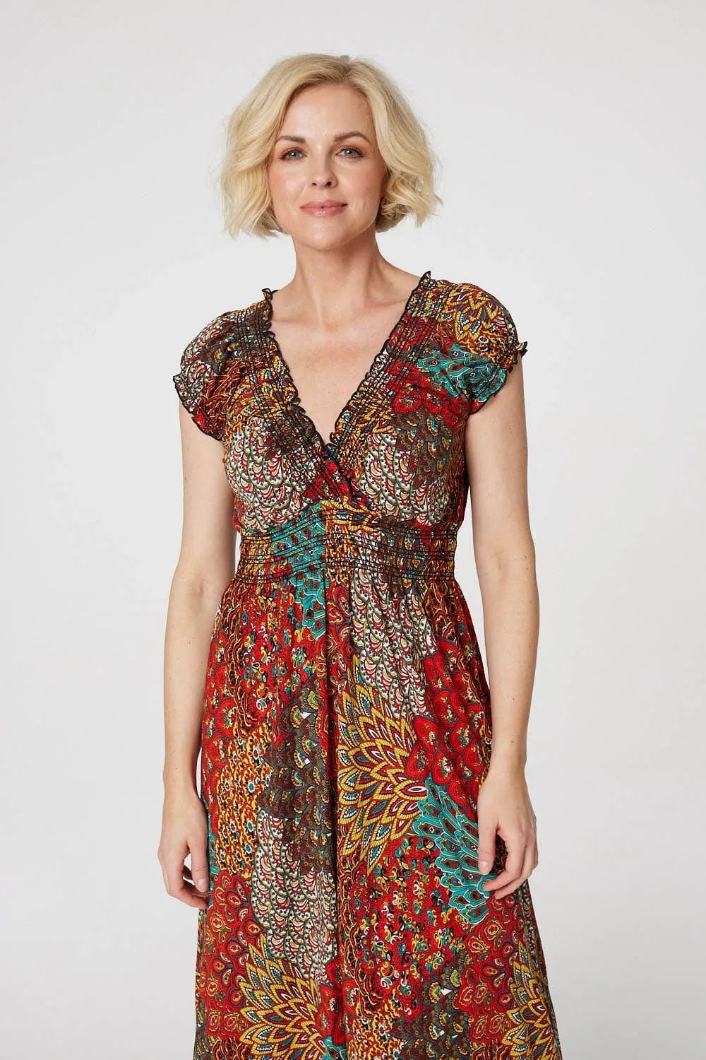 Peacock Print V-Neck Maxi Dress