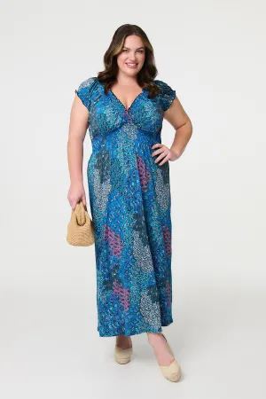 Peacock Print V-Neck Maxi Dress