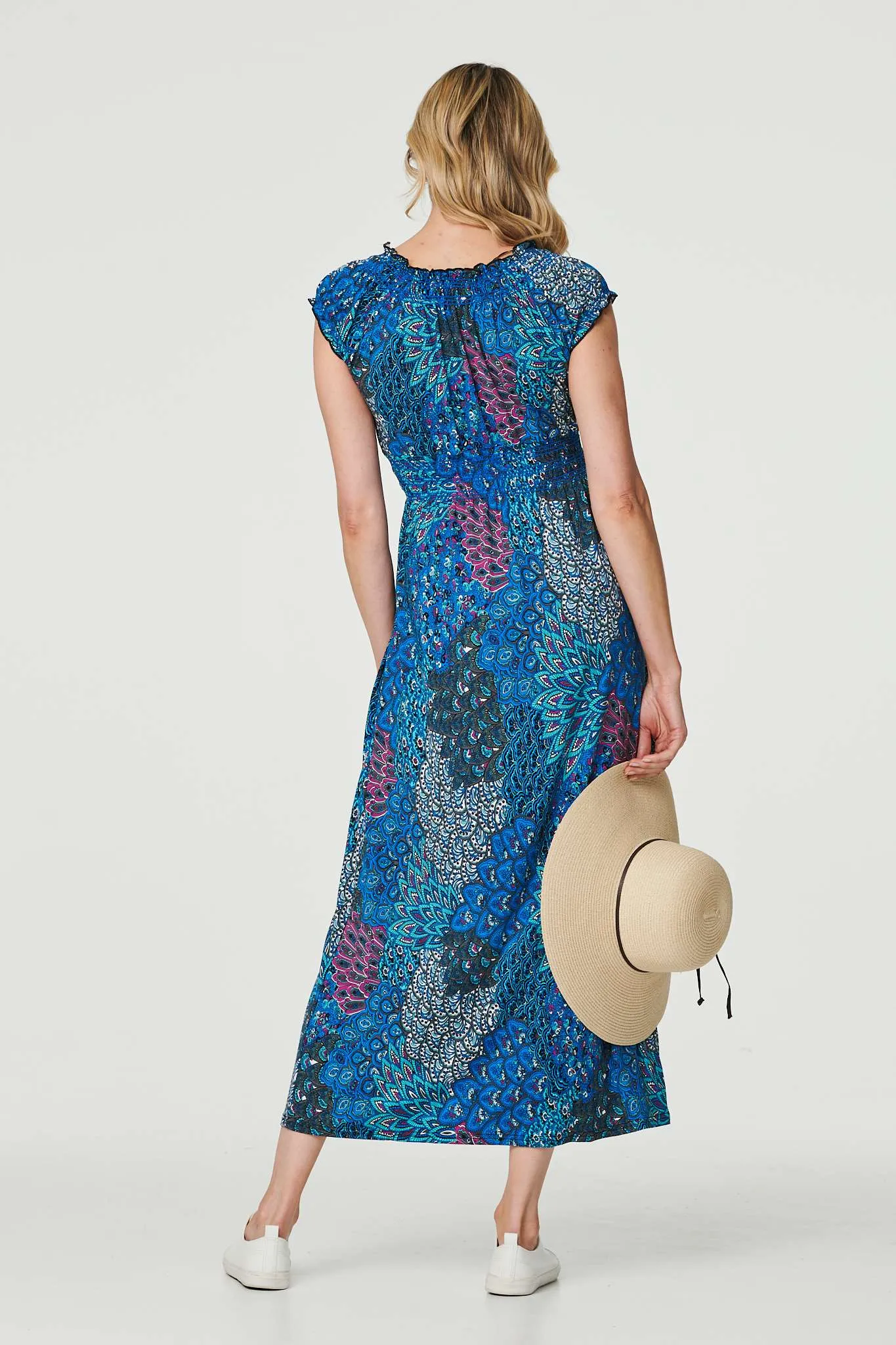 Peacock Print V-Neck Maxi Dress