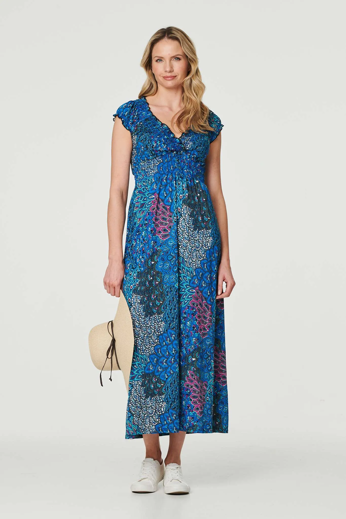 Peacock Print V-Neck Maxi Dress