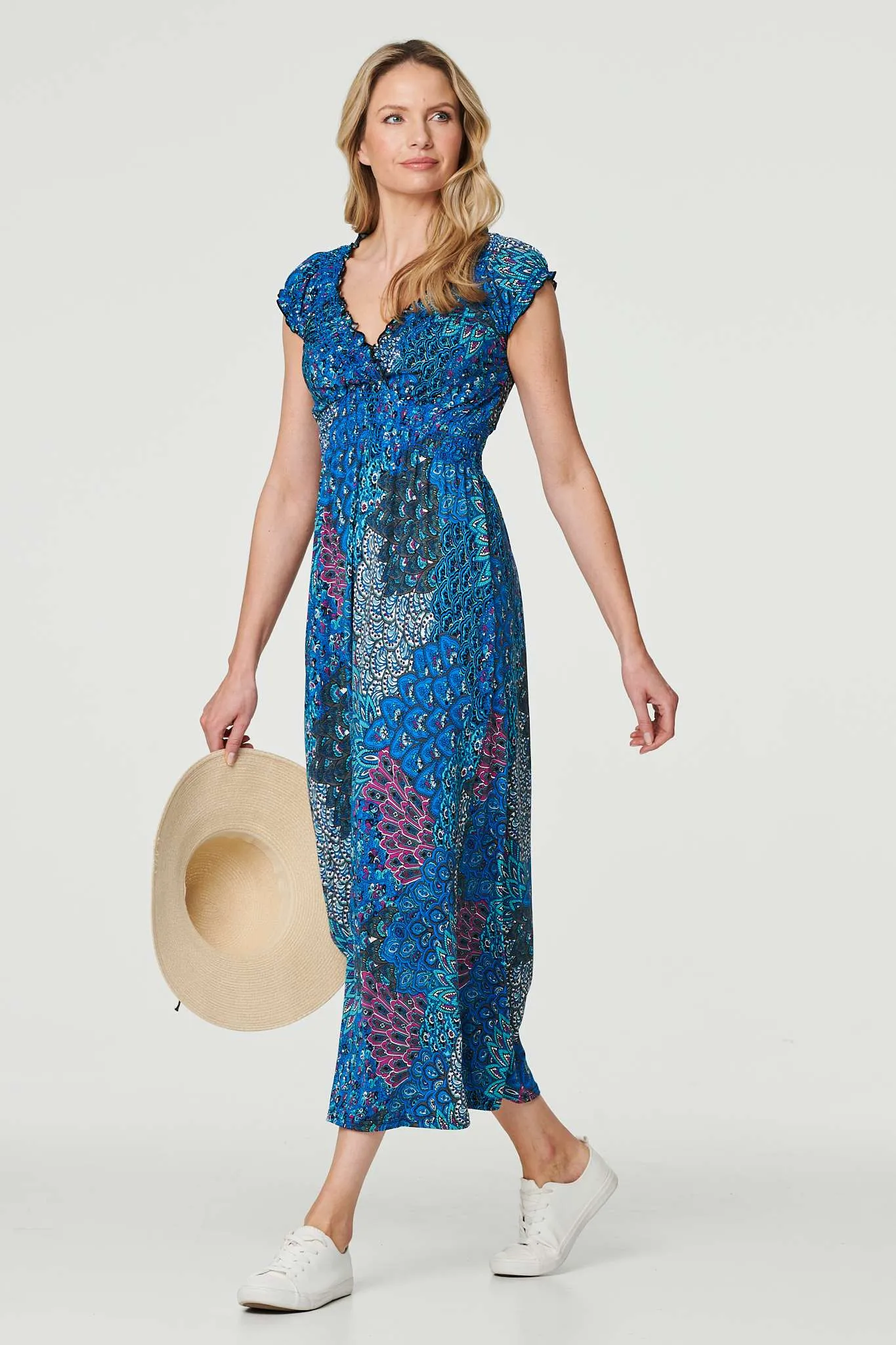 Peacock Print V-Neck Maxi Dress