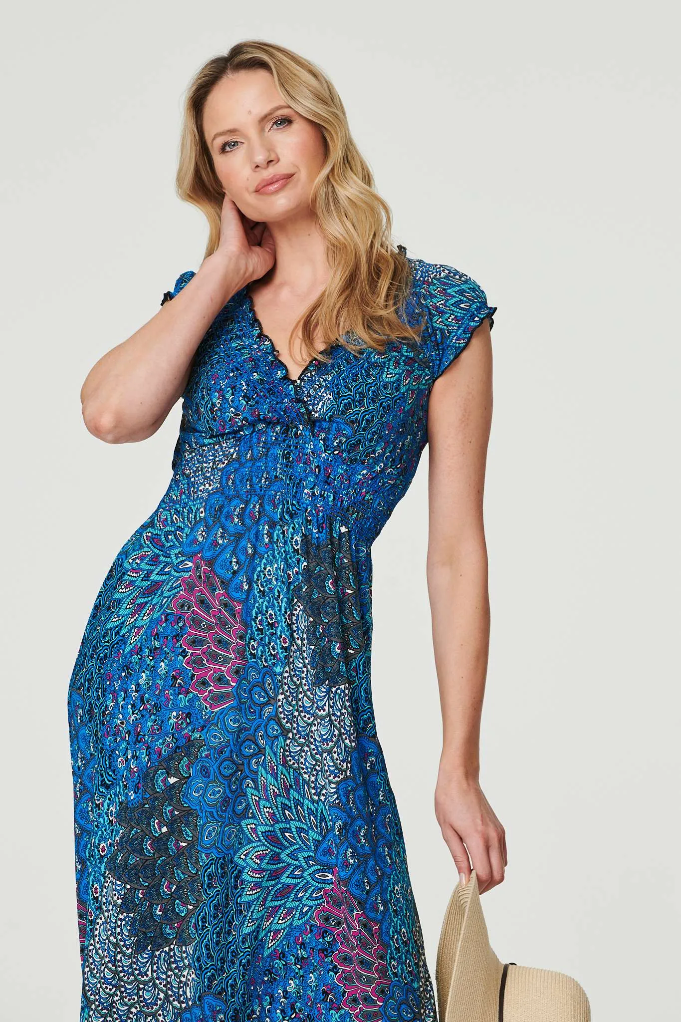 Peacock Print V-Neck Maxi Dress