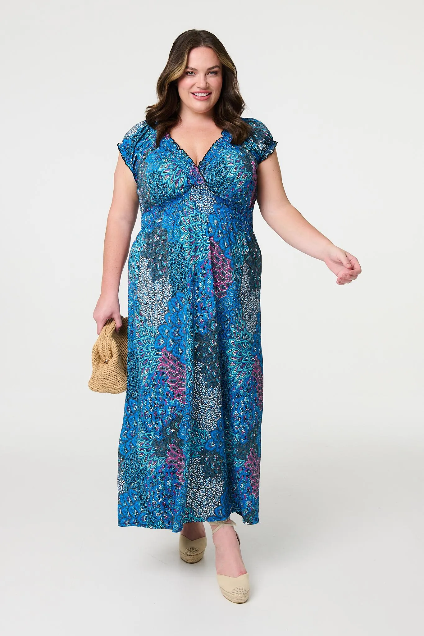 Peacock Print V-Neck Maxi Dress