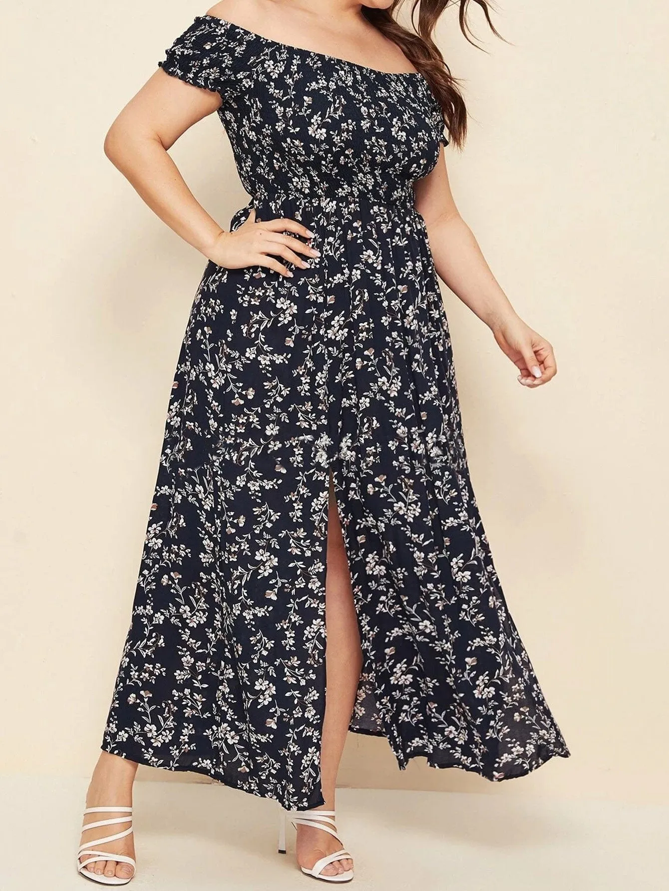 Plus Size Off Shoulder Floral Maxi Dress