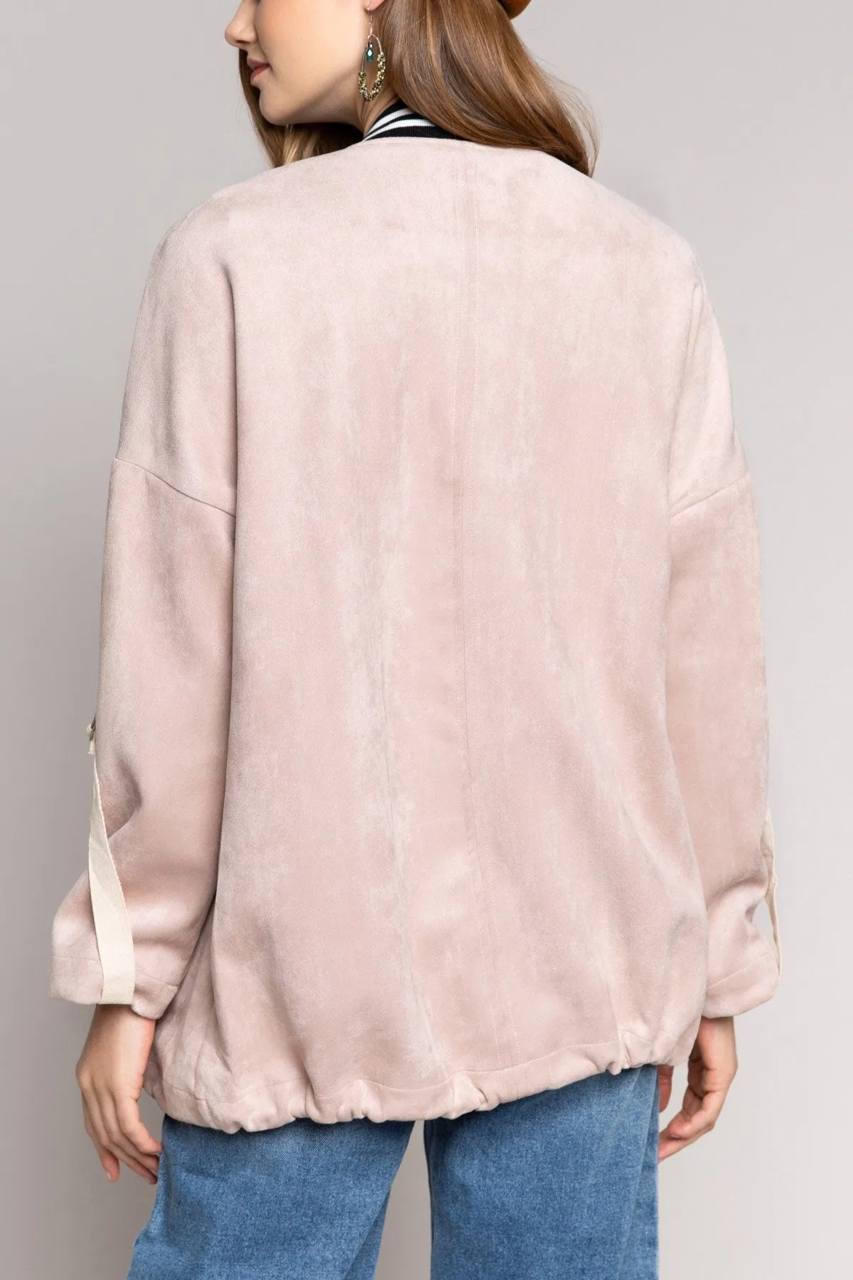 Powder Pink Long Suede Bomber Jacket