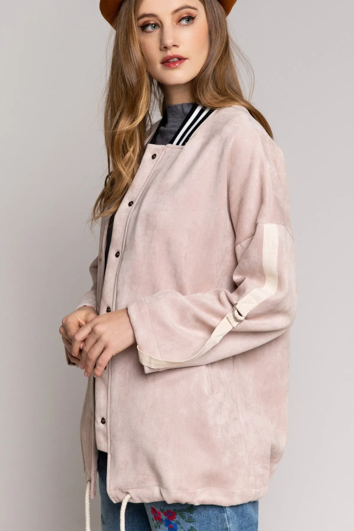 Powder Pink Long Suede Bomber Jacket