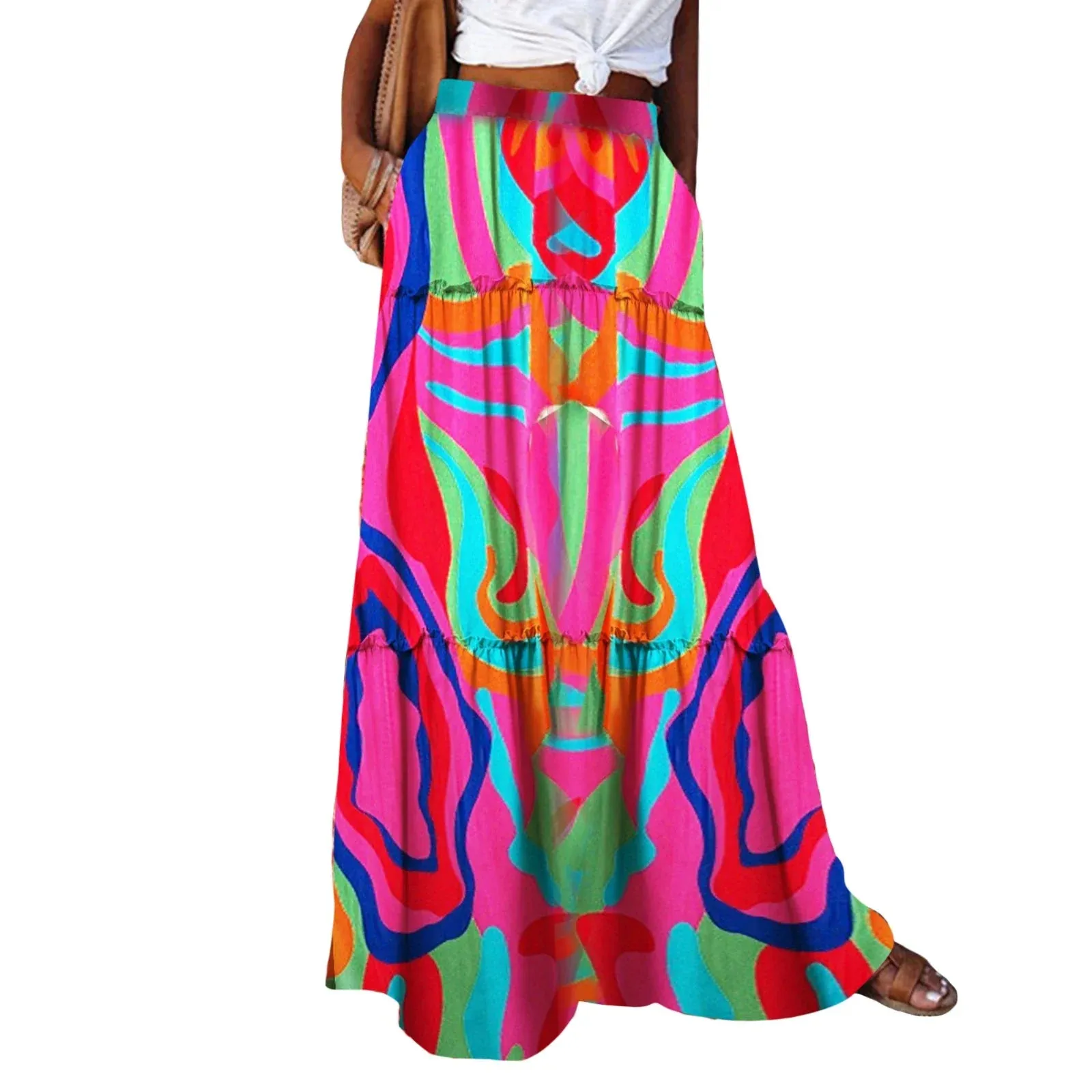 Print Boho Maxi Elastic High Waist Pleated A-Line Ruffle Tiered Flowy Long with Pockets Floral Skirt