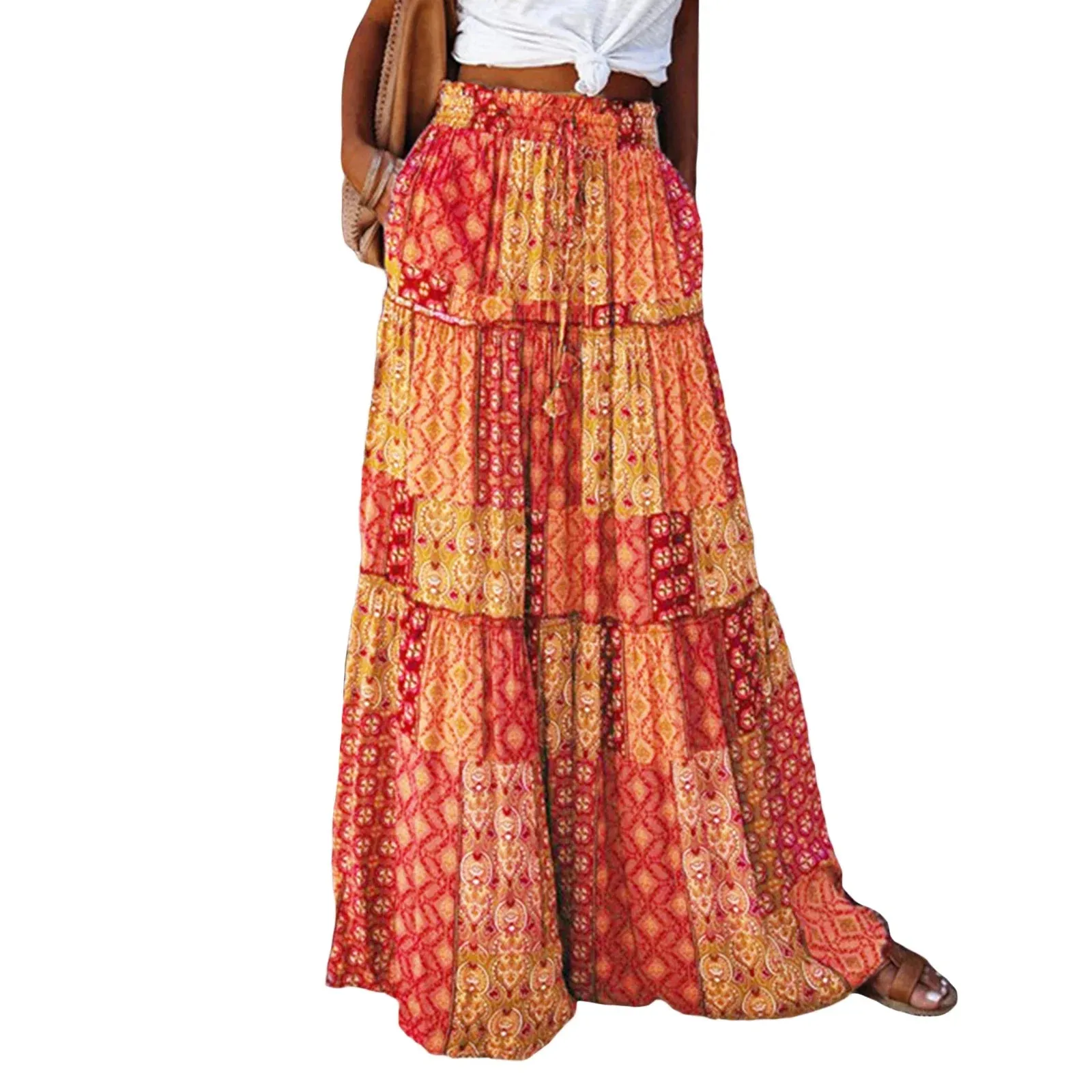 Print Boho Maxi Elastic High Waist Pleated A-Line Ruffle Tiered Flowy Long with Pockets Floral Skirt