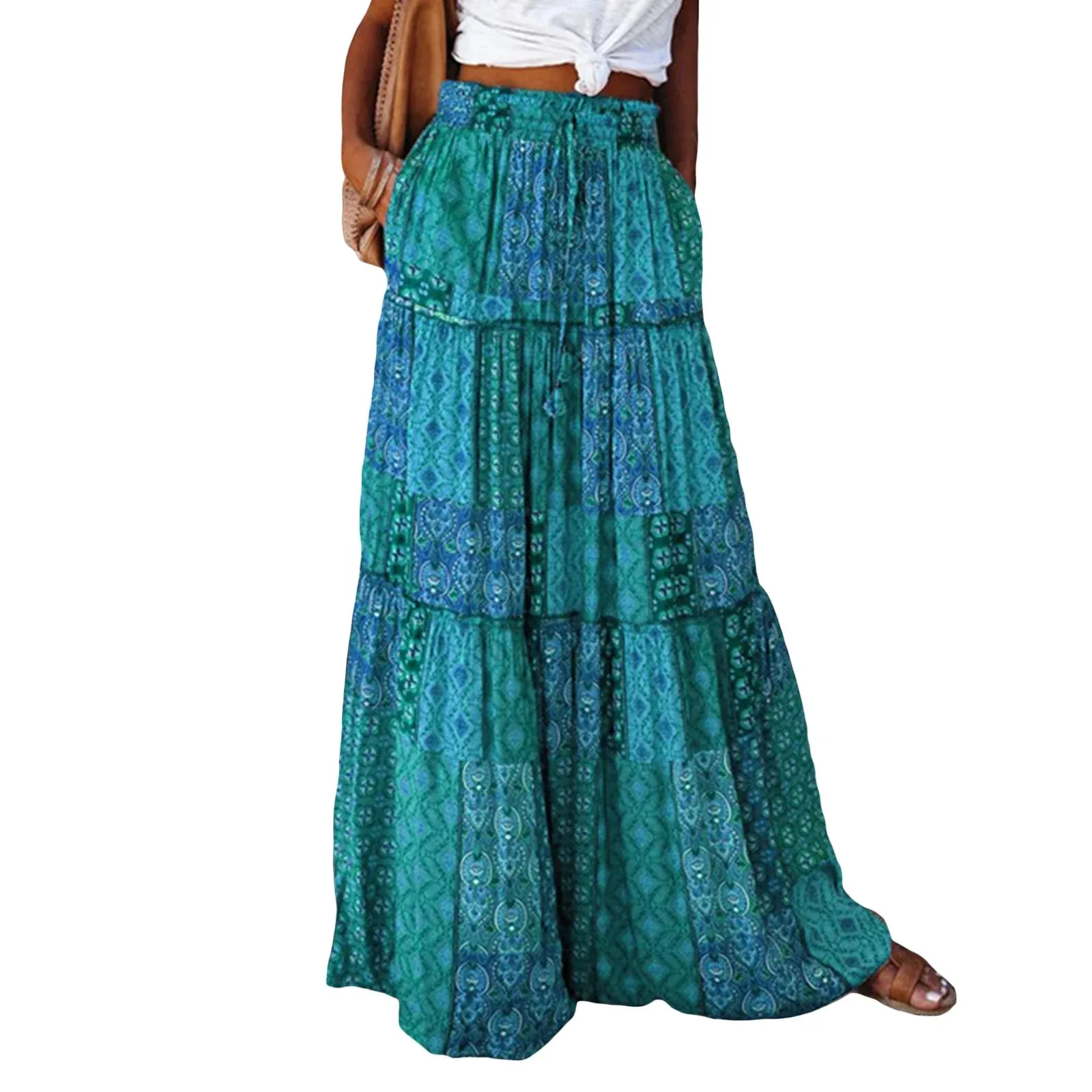 Print Boho Maxi Elastic High Waist Pleated A-Line Ruffle Tiered Flowy Long with Pockets Floral Skirt