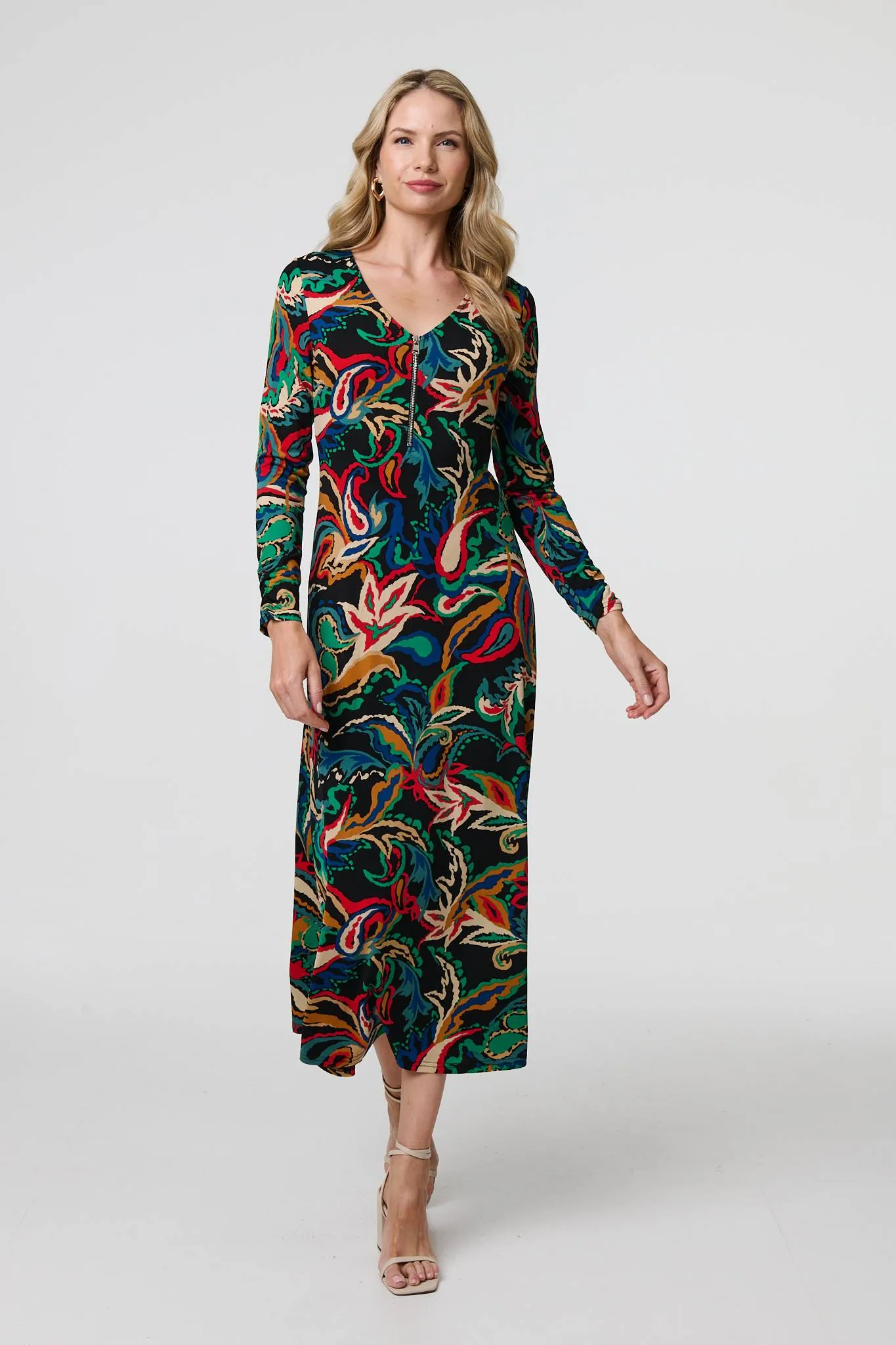 Printed Zip Front Long Sleeve Maxi Dress