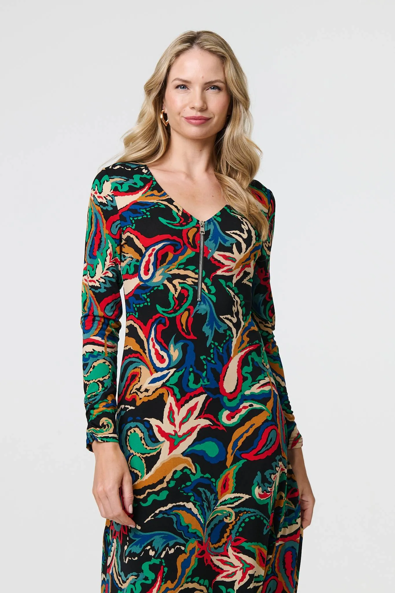 Printed Zip Front Long Sleeve Maxi Dress