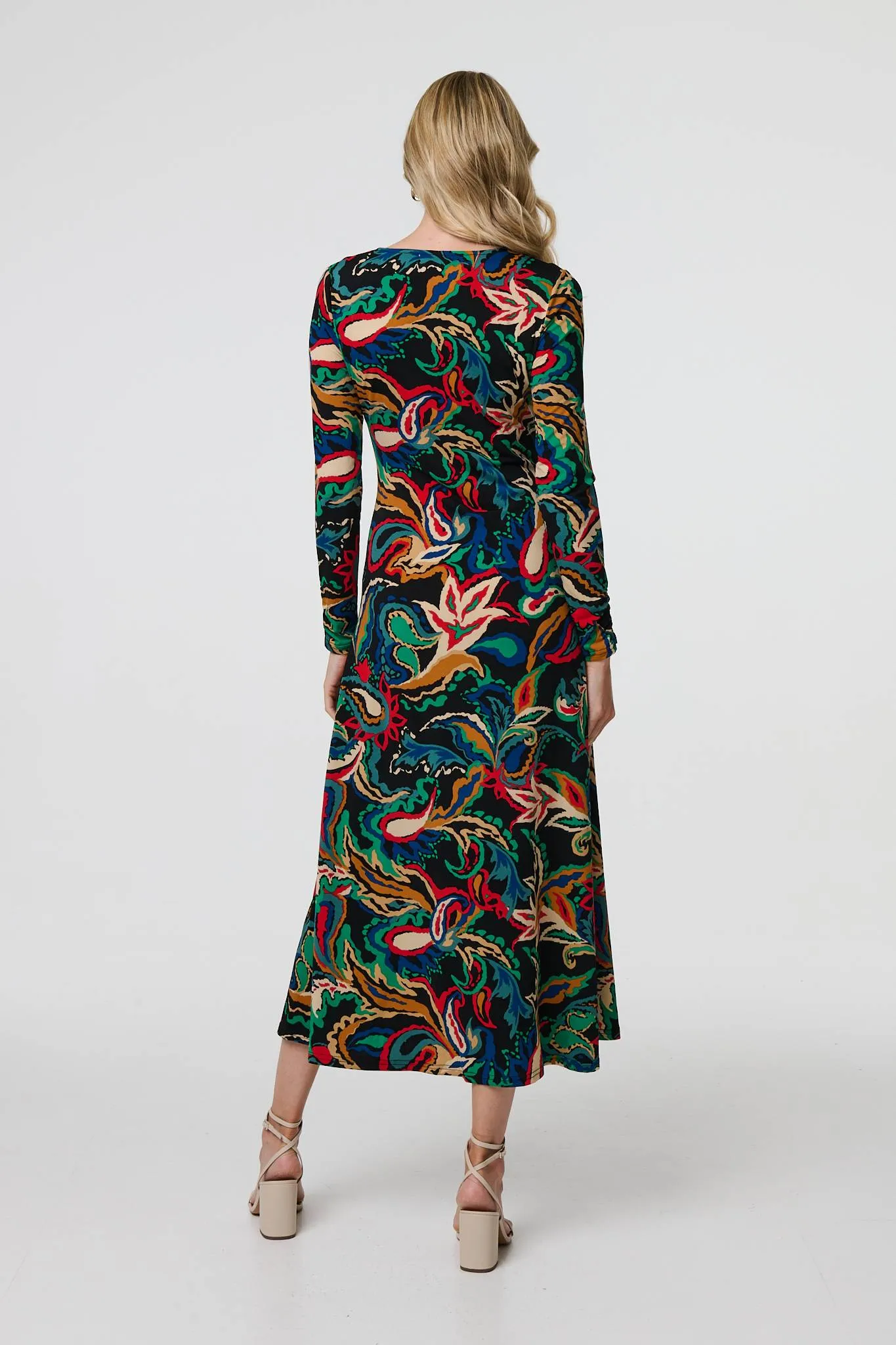 Printed Zip Front Long Sleeve Maxi Dress