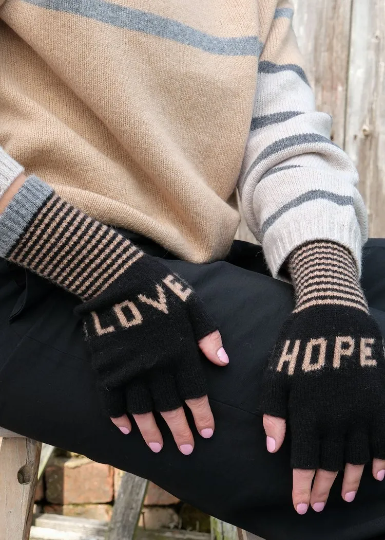 Quinton   Chadwick Fingerless Love Hope Gloves in Black and Taupe and Grey