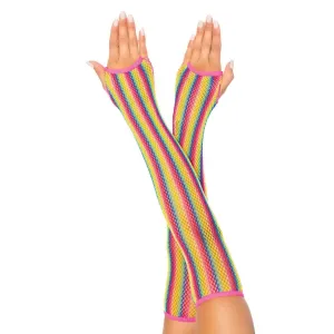 Rainbow Net Fingerless Arm Warmer Gloves - One  Size - Multicolor