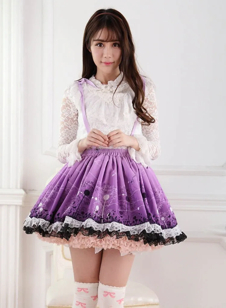 Romantic Purple Dandelion Printed Sweet Lolita Pleated Jumper Lolita Skirt with Lace Trimming