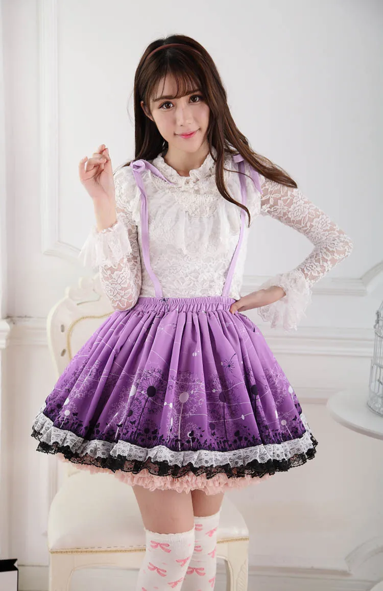 Romantic Purple Dandelion Printed Sweet Lolita Pleated Jumper Lolita Skirt with Lace Trimming