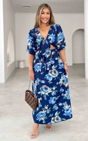 Roza Long Sleeve Maxi Dress - Navy Blue Floral