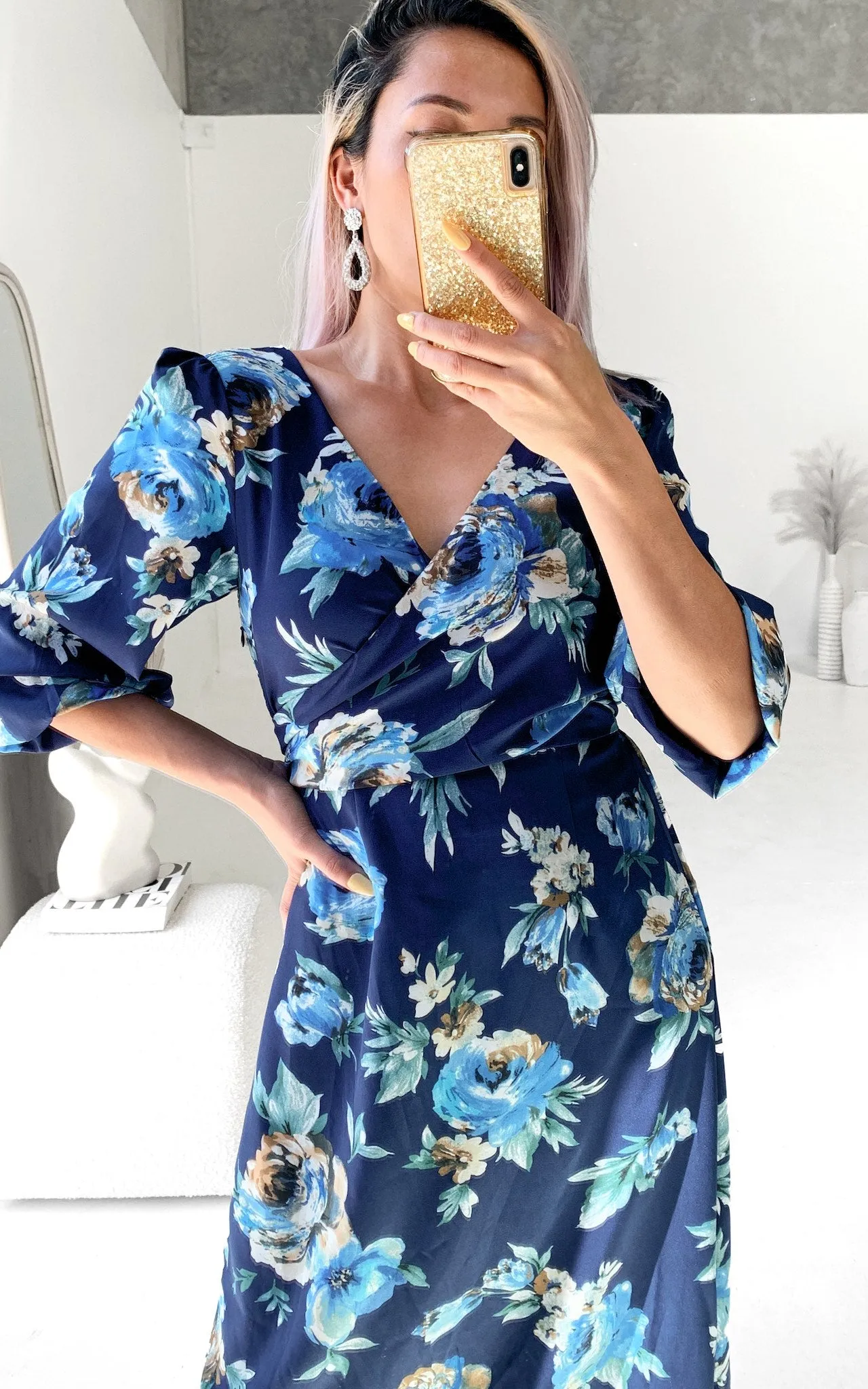 Roza Long Sleeve Maxi Dress - Navy Blue Floral