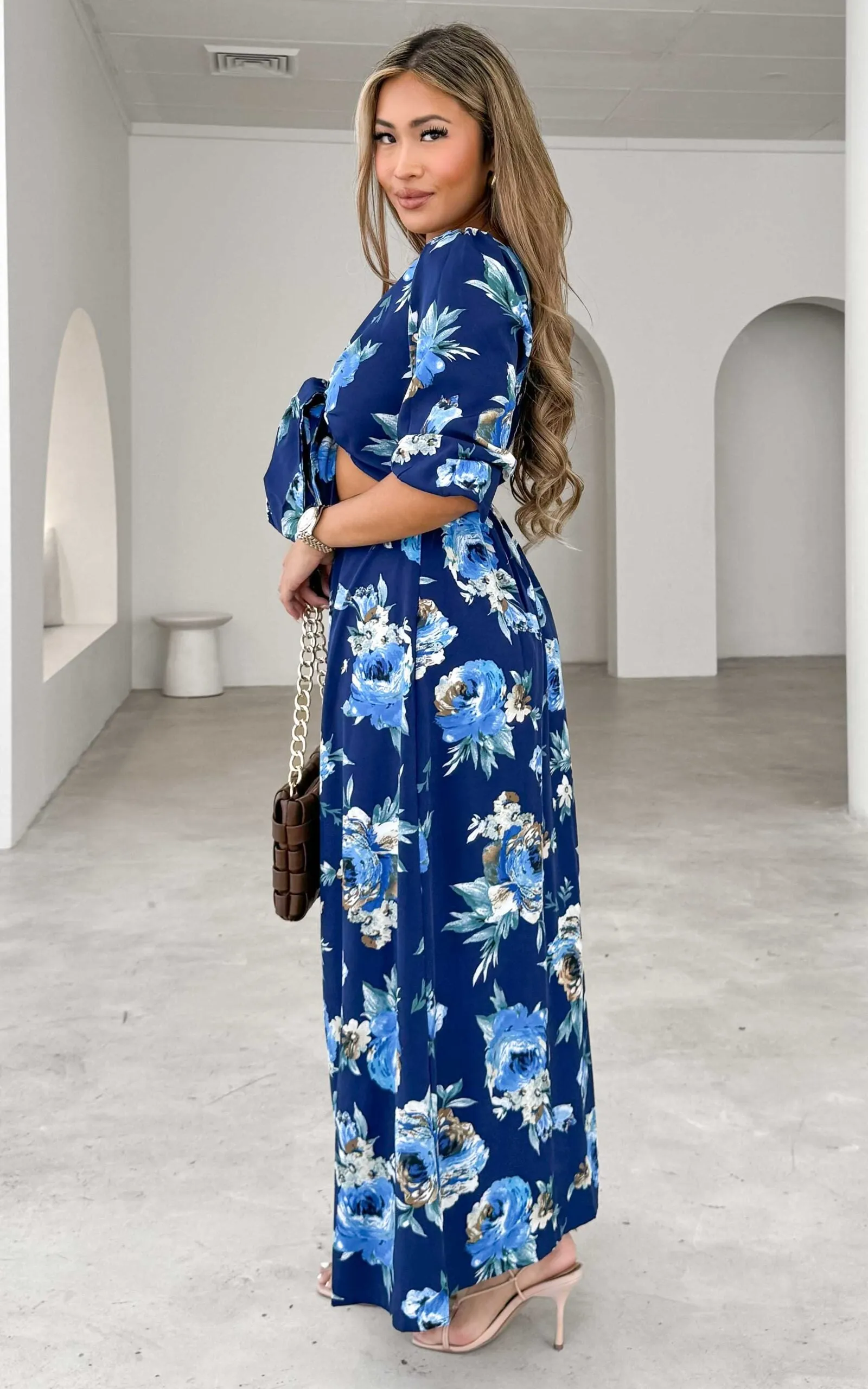 Roza Long Sleeve Maxi Dress - Navy Blue Floral