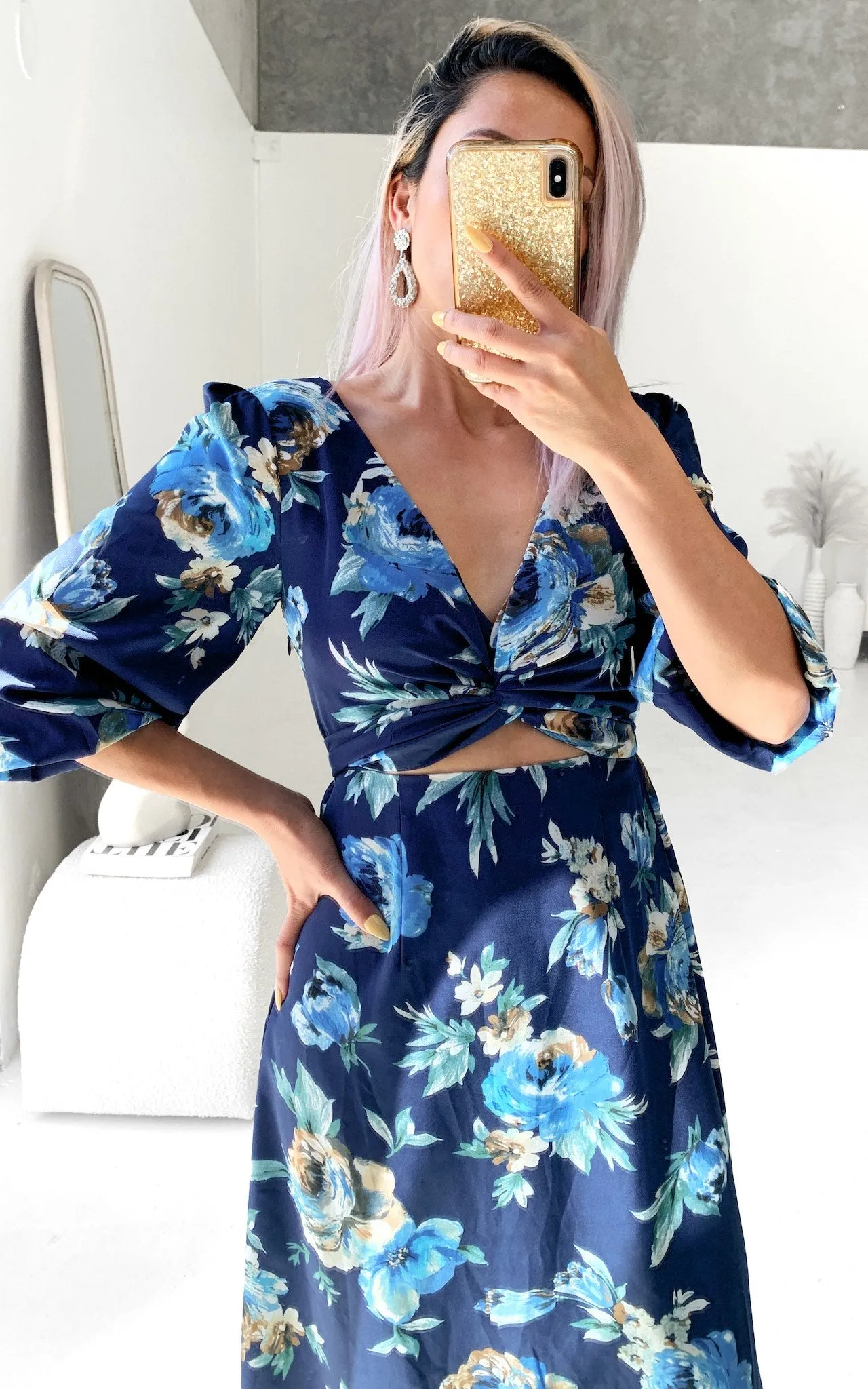 Roza Long Sleeve Maxi Dress - Navy Blue Floral