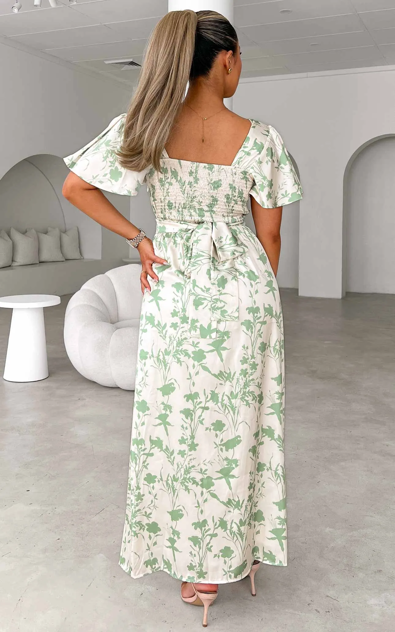 Roza Short Sleeve Maxi Dress - Cream Sage Floral