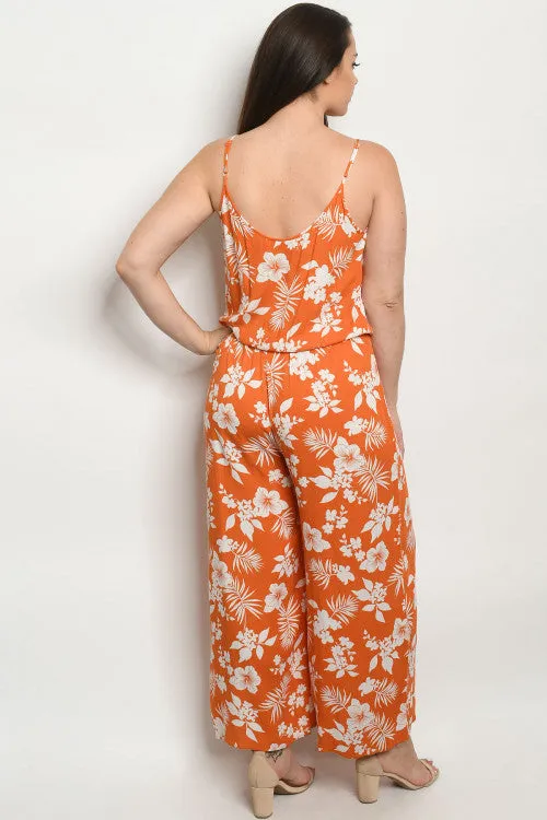 Rust and White Floral Plus Size Wide Leg Jumpsuit