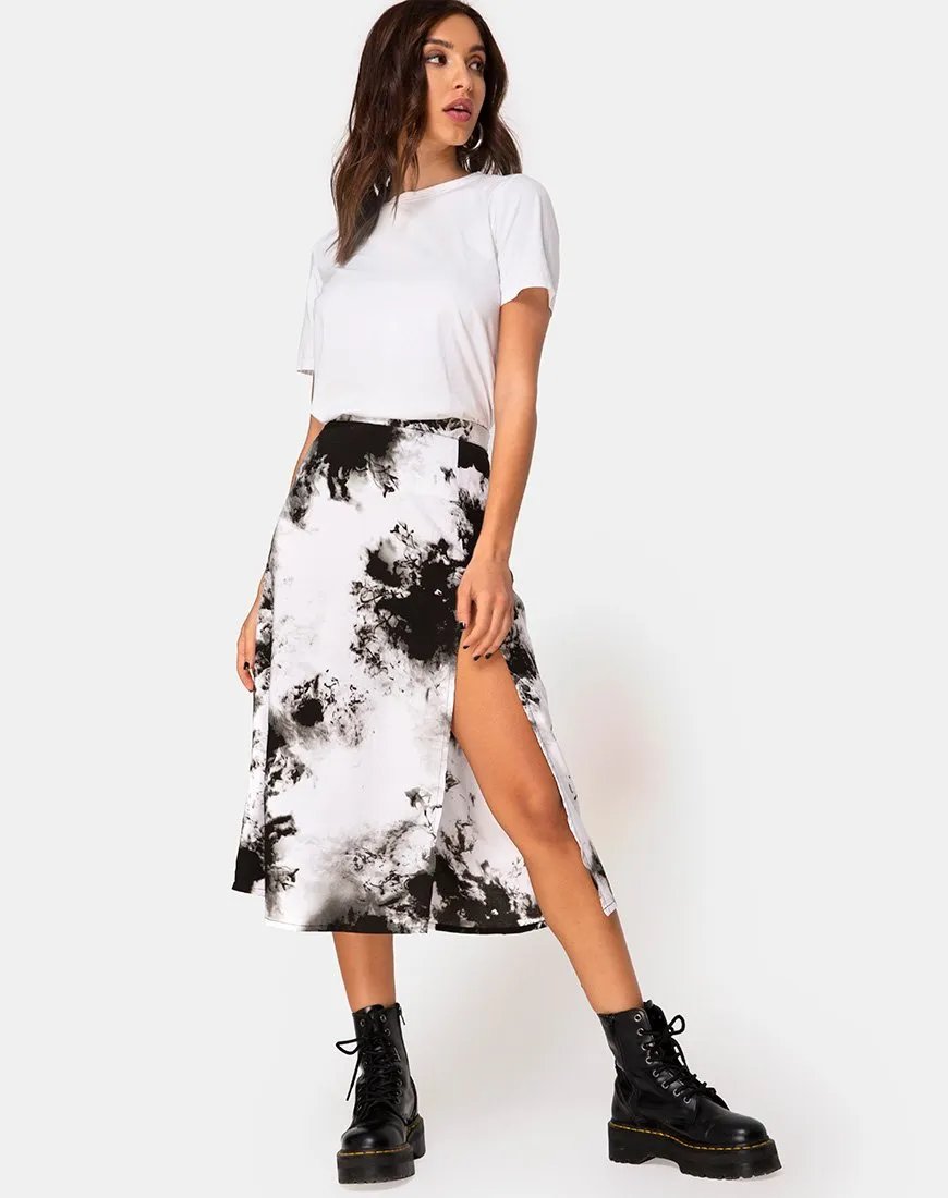 Saika Midi Skirt in Mono Tie Dye Black and White