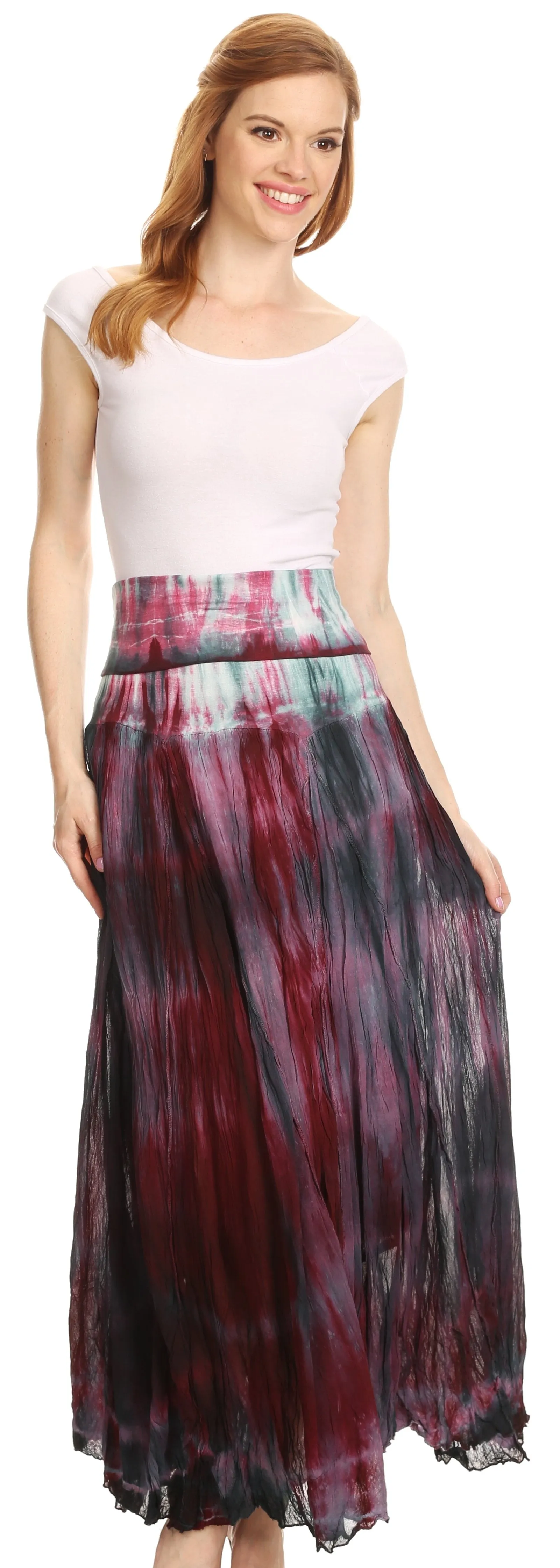 Sakkas Laila Boho Foldover Waistband  Maxi Skirt With Marble Ombre Dye