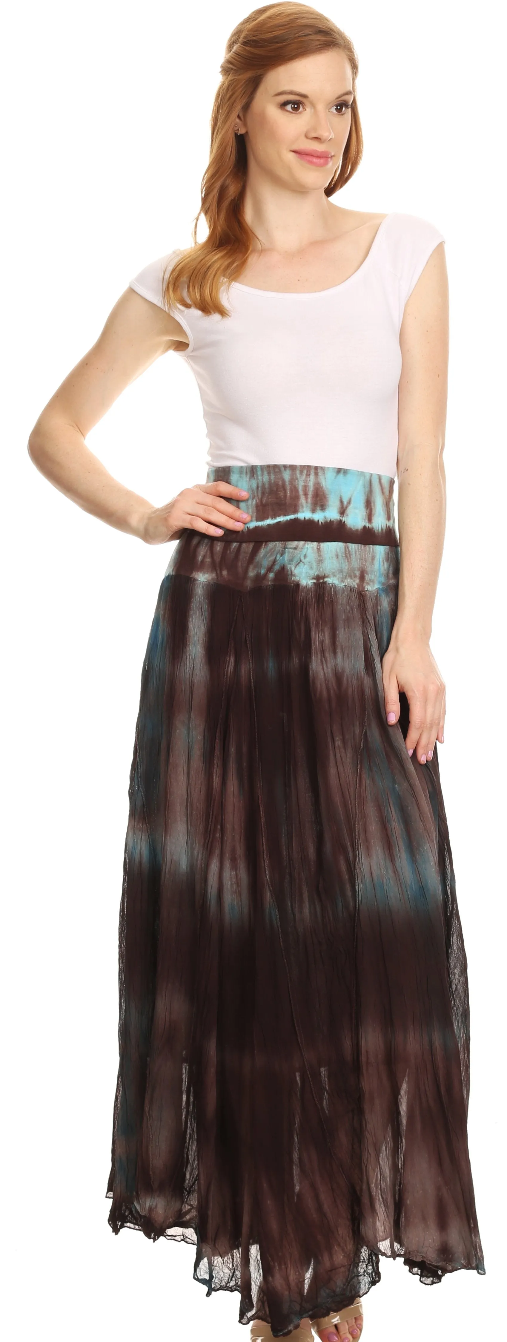 Sakkas Laila Boho Foldover Waistband  Maxi Skirt With Marble Ombre Dye