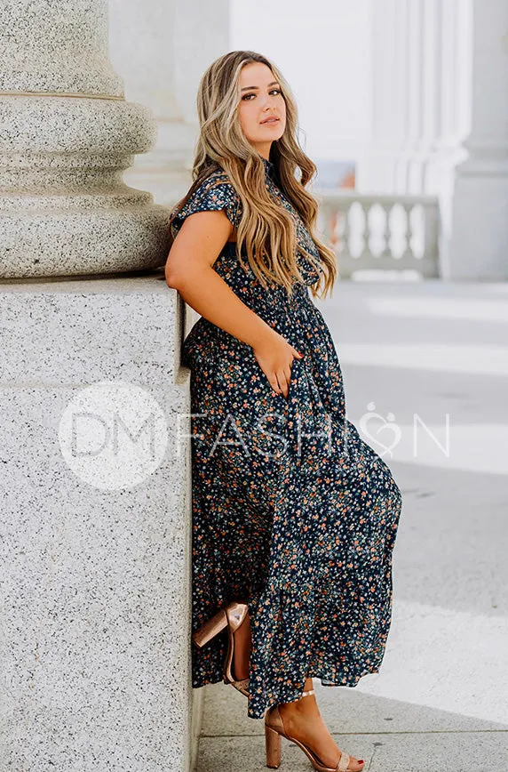 Skyler Navy Blossoms Smocked Maxi Dress – Maternity Friendly - DM Exclusive - Restocked