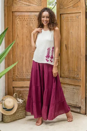 Thai Cotton Double Gauze Skirt - A Day Out in Mulberry | NOVICA