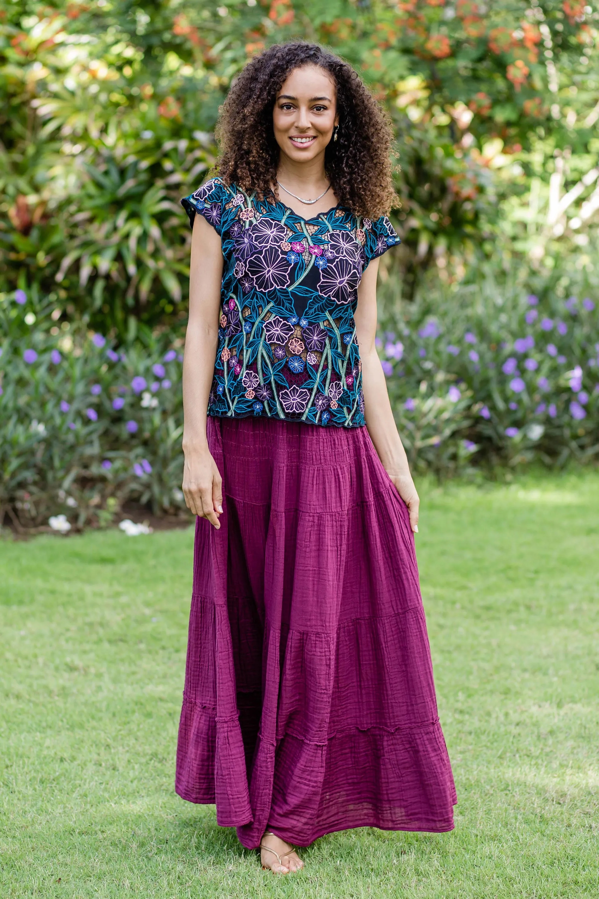 Thai Cotton Double Gauze Skirt - A Day Out in Mulberry | NOVICA