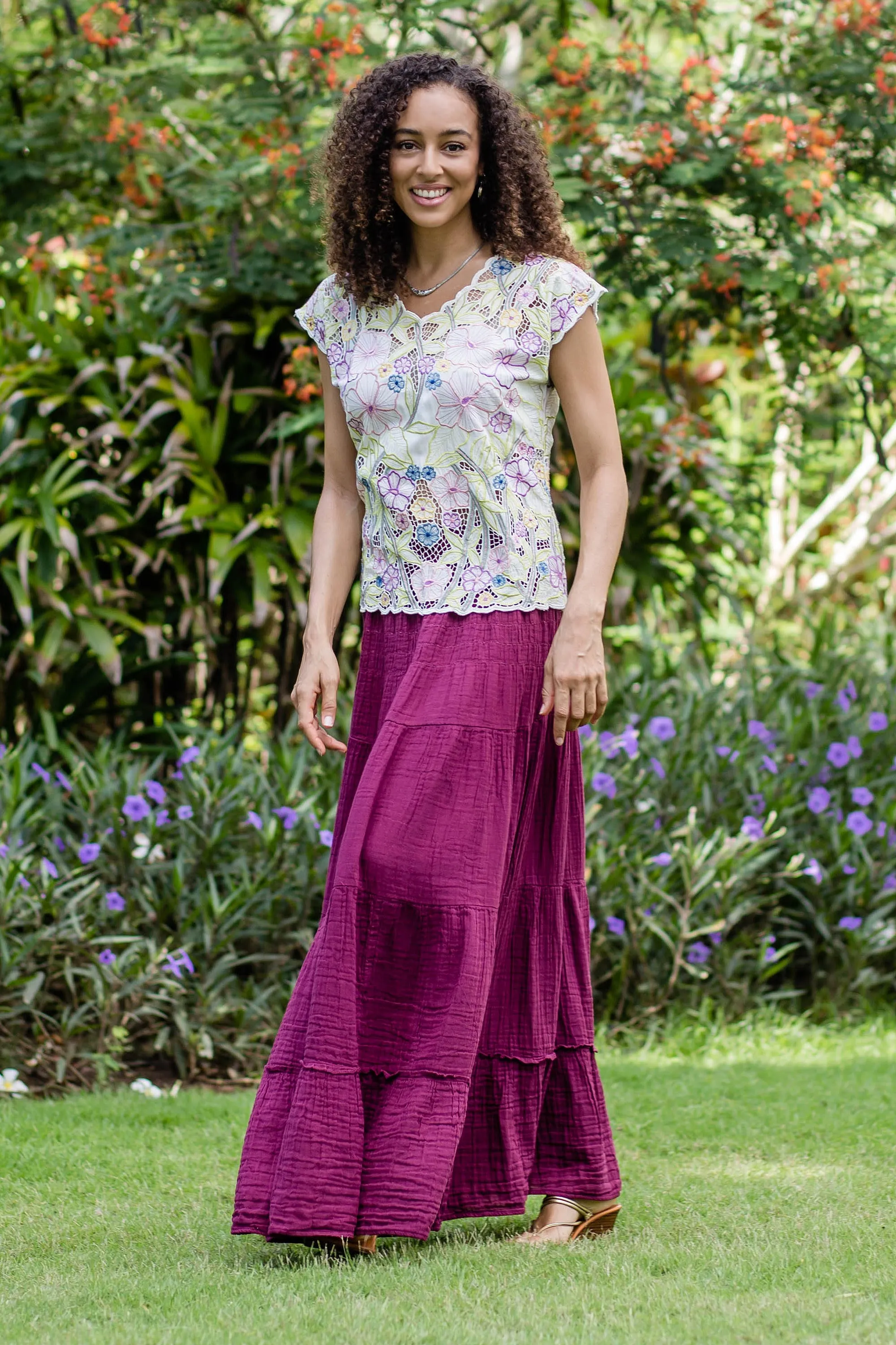 Thai Cotton Double Gauze Skirt - A Day Out in Mulberry | NOVICA