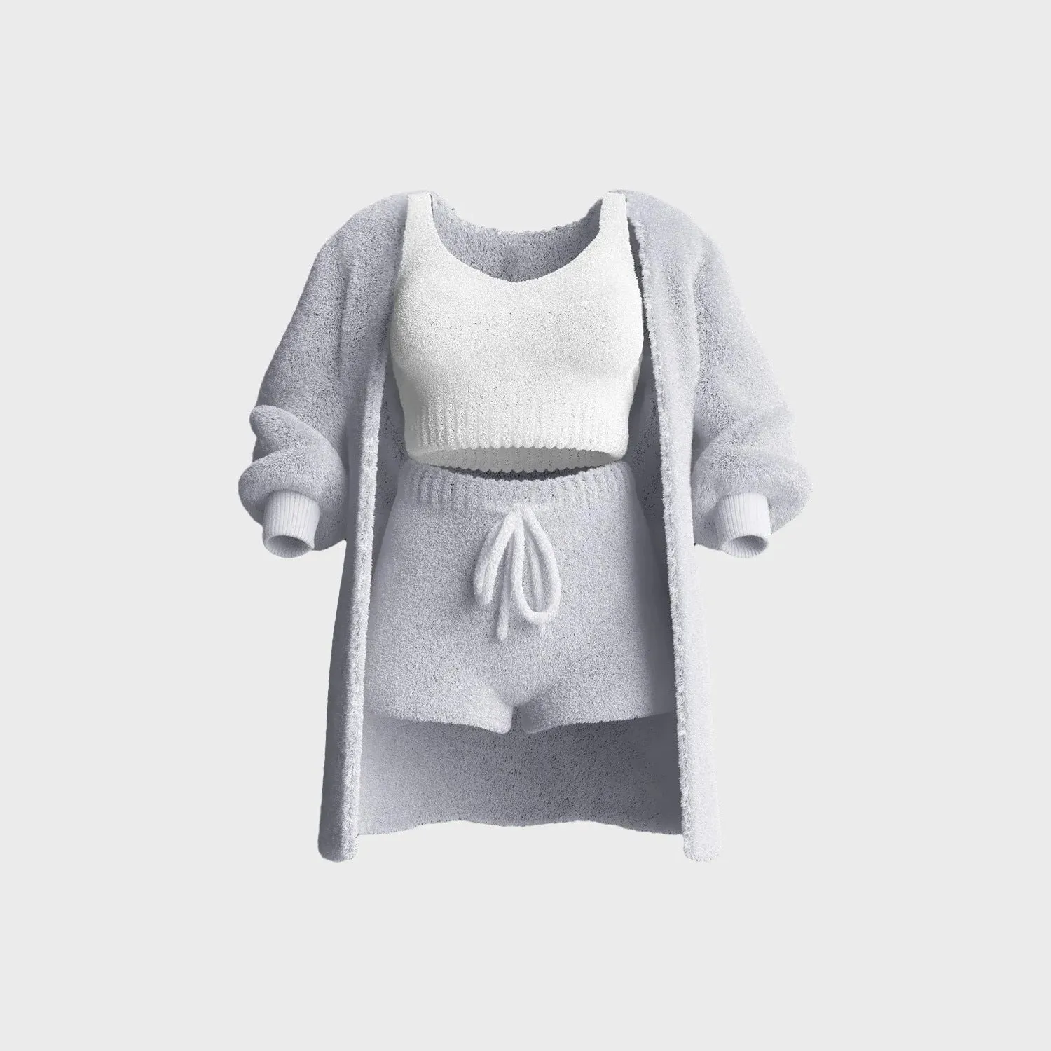 Thermal Three-piece Fluff Coat Spaghetti Strap Short Top Shorts Outfit Set