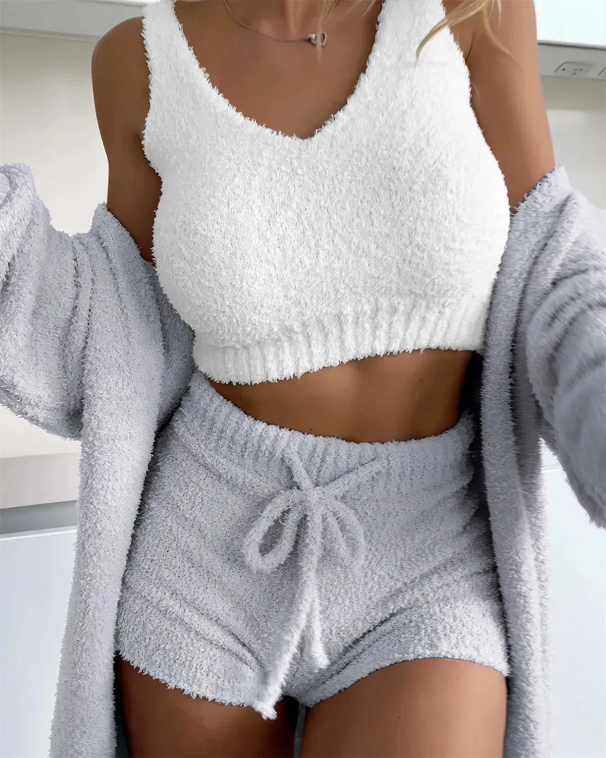 Thermal Three-piece Fluff Coat Spaghetti Strap Short Top Shorts Outfit Set