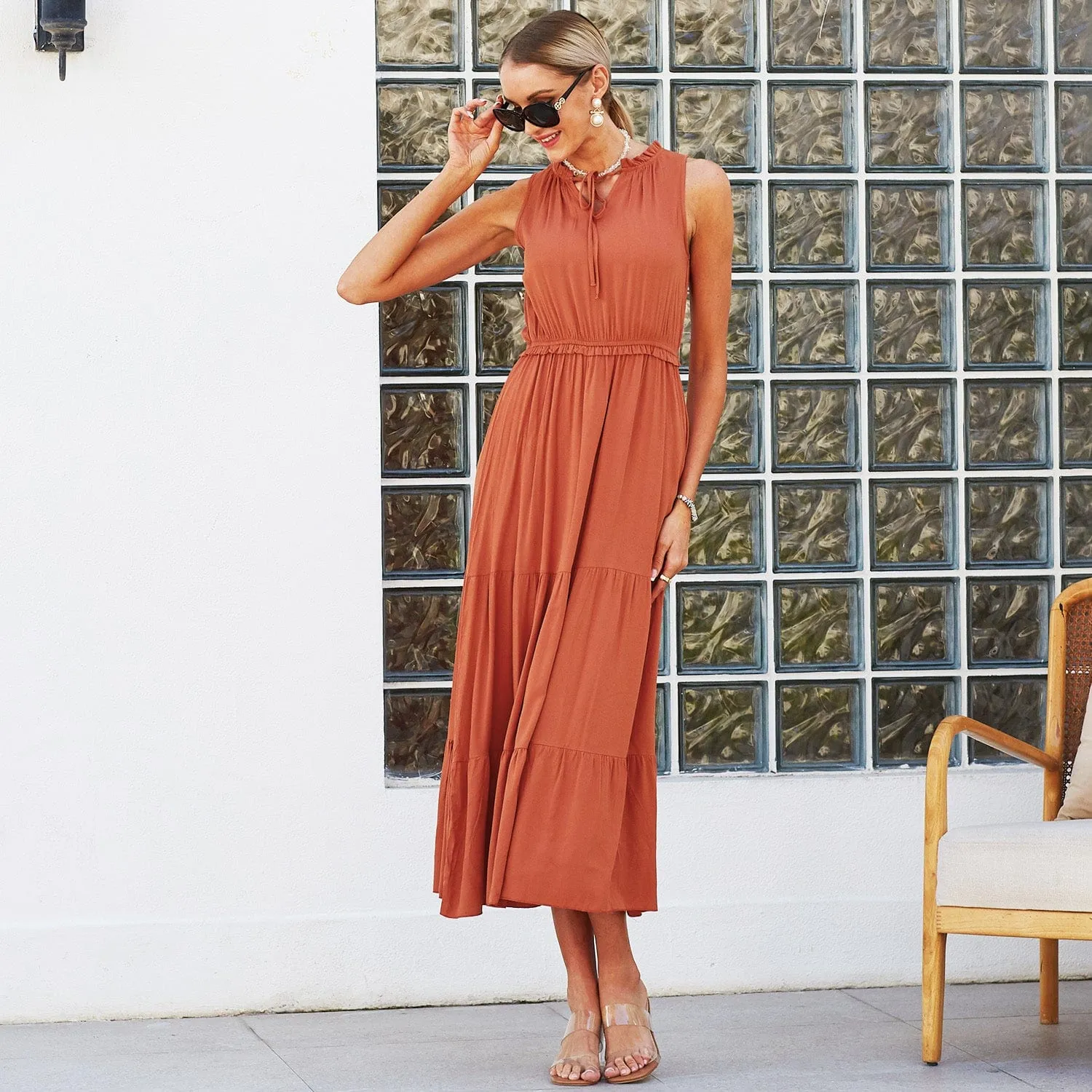 Tie Neck Solid Maxi Dress