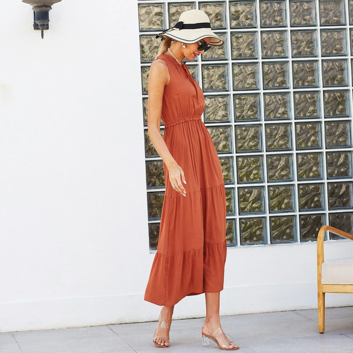 Tie Neck Solid Maxi Dress