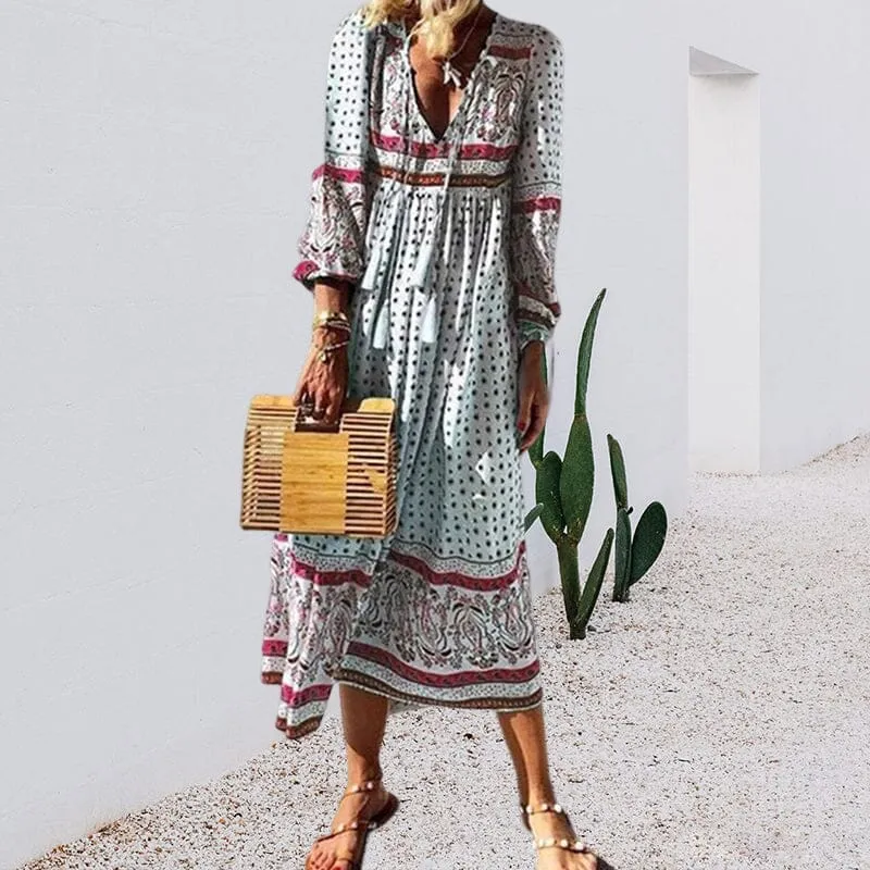 V Neck Holiday Long Sleeve Printed Dress