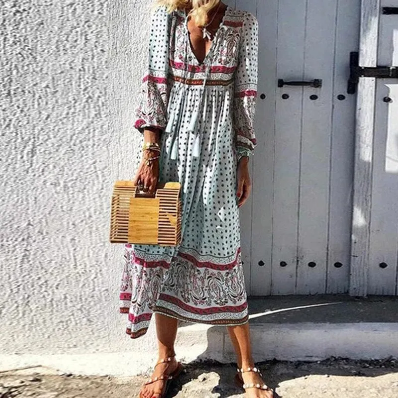 V Neck Holiday Long Sleeve Printed Dress