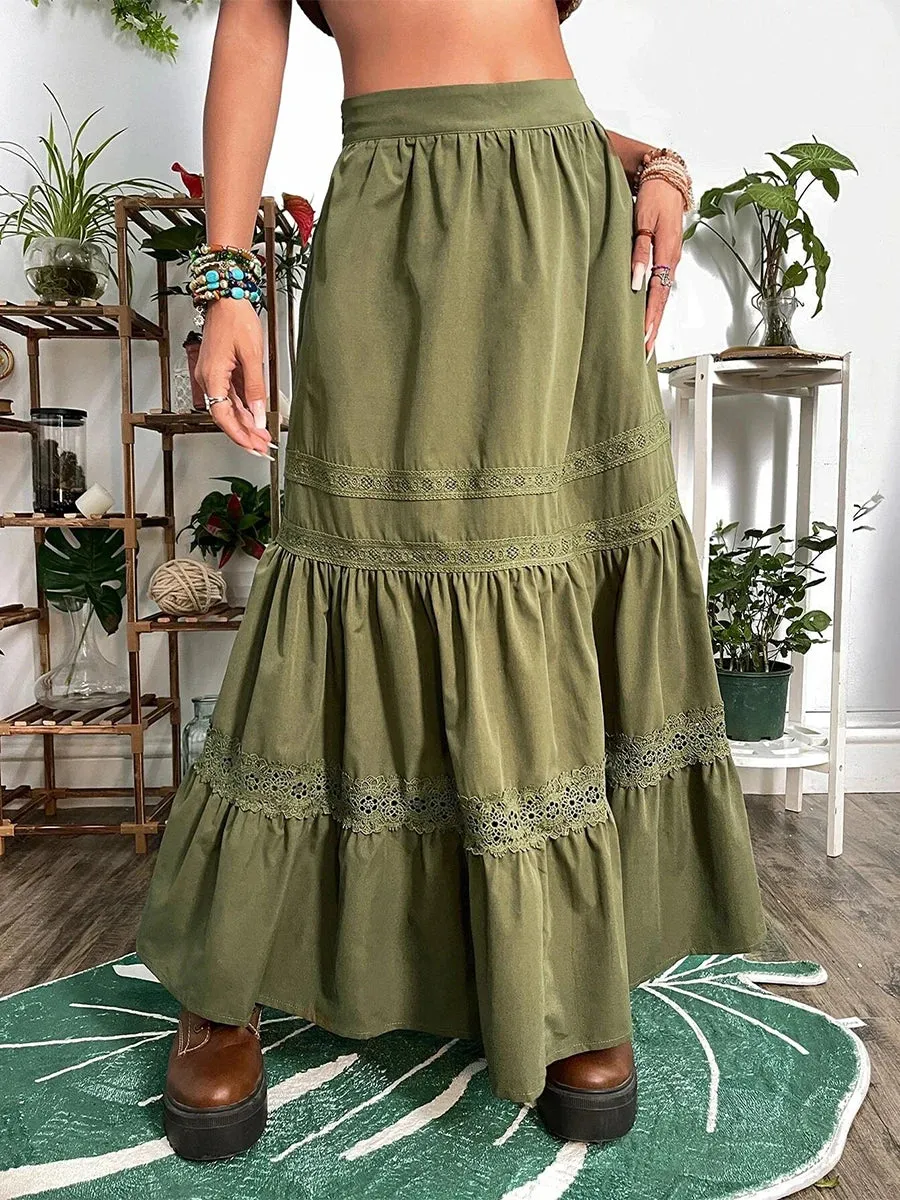 Waist Y2k Long Western Retro Lace Patchwork Summer Pleated Flowy Beach Maxi Streetwear High Skirt