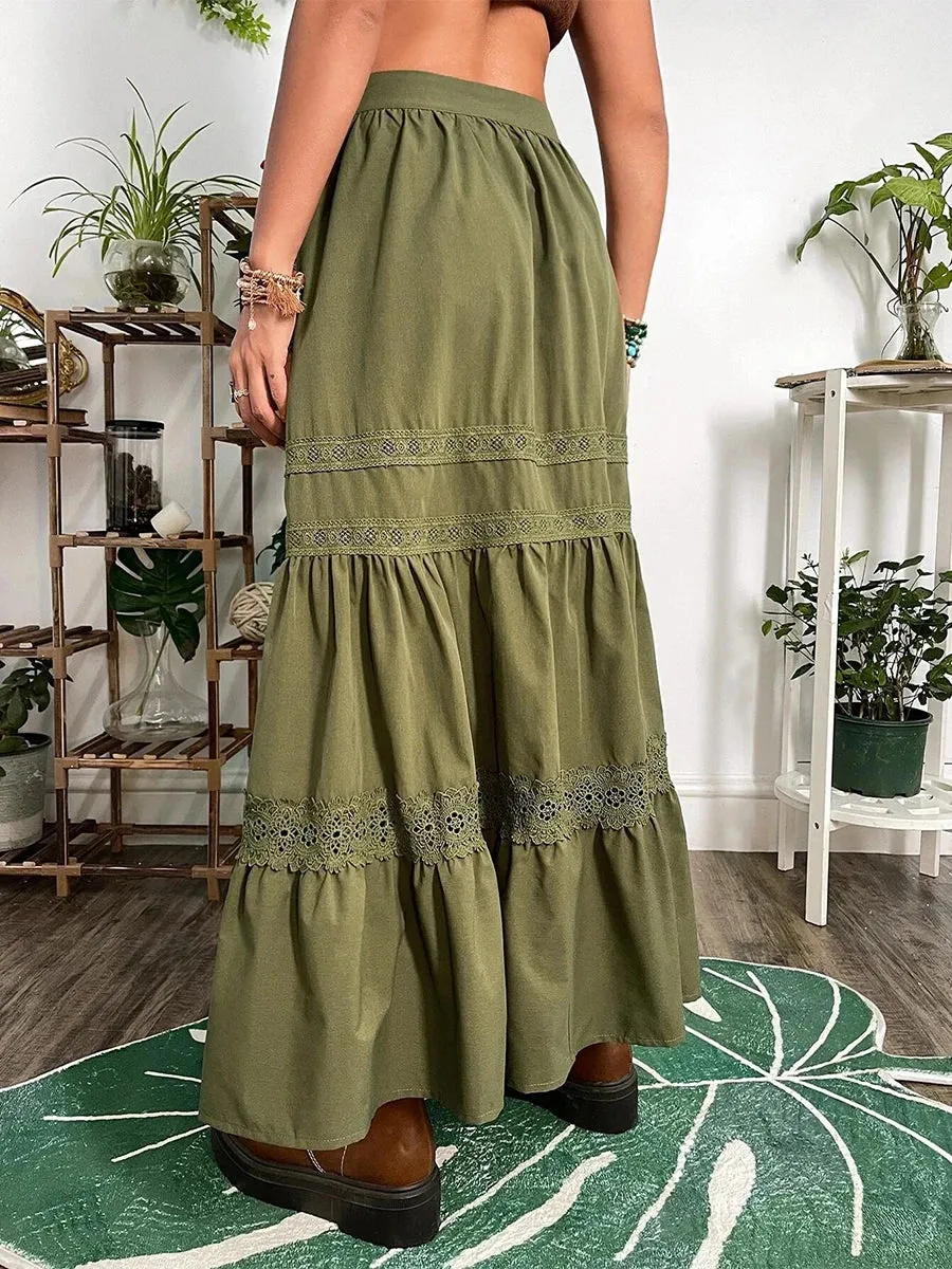 Waist Y2k Long Western Retro Lace Patchwork Summer Pleated Flowy Beach Maxi Streetwear High Skirt