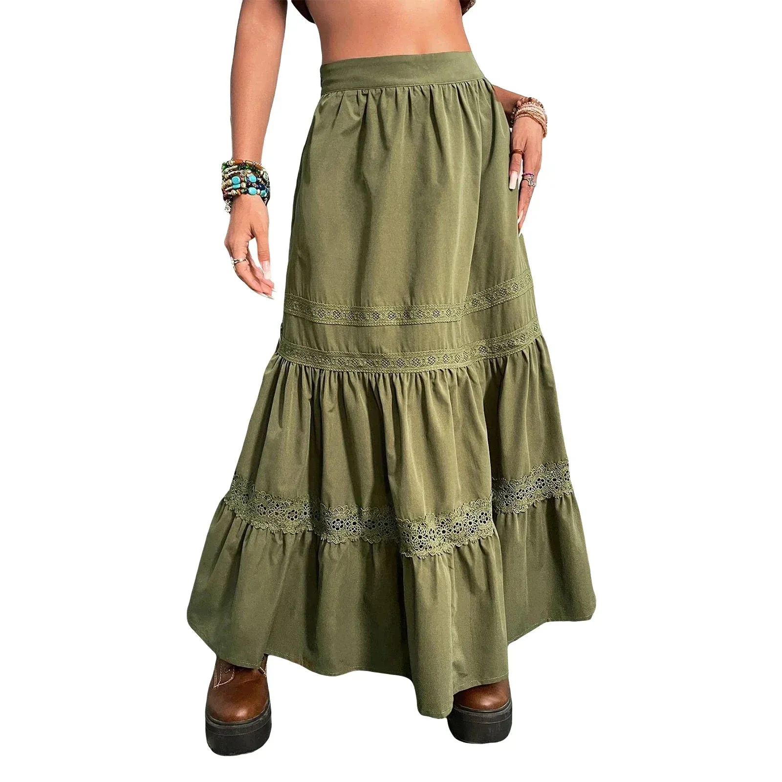 Waist Y2k Long Western Retro Lace Patchwork Summer Pleated Flowy Beach Maxi Streetwear High Skirt