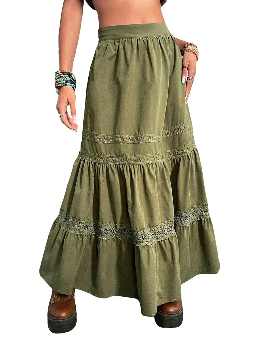 Waist Y2k Long Western Retro Lace Patchwork Summer Pleated Flowy Beach Maxi Streetwear High Skirt