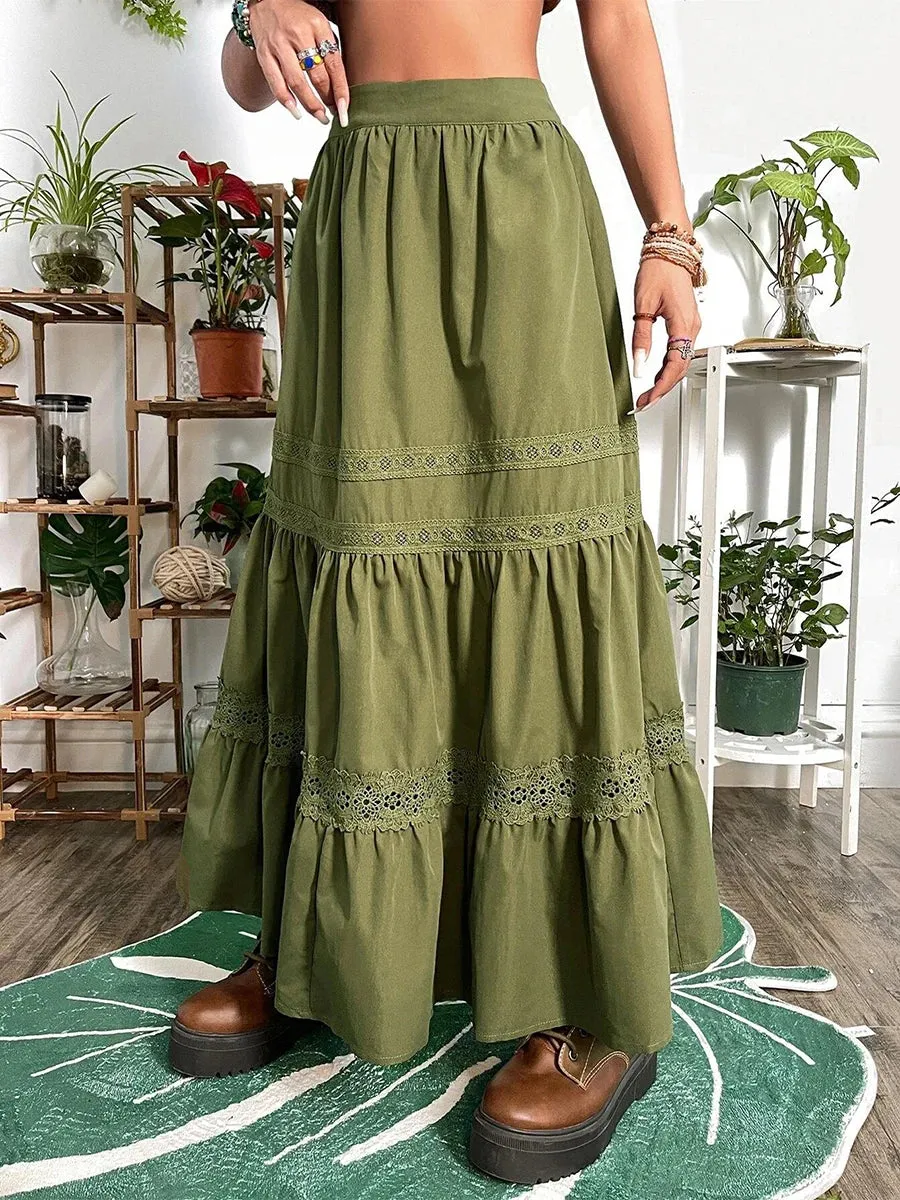 Waist Y2k Long Western Retro Lace Patchwork Summer Pleated Flowy Beach Maxi Streetwear High Skirt