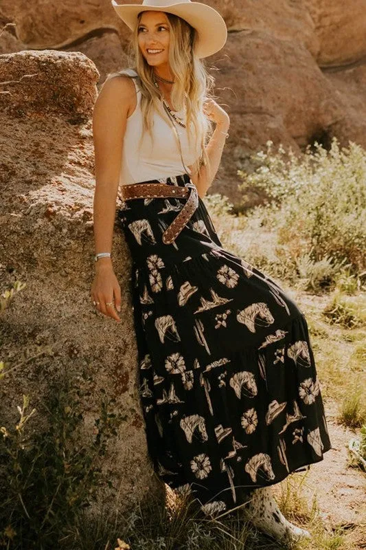 Western Print Tiered Ruffled High Waist Maxi Skirt