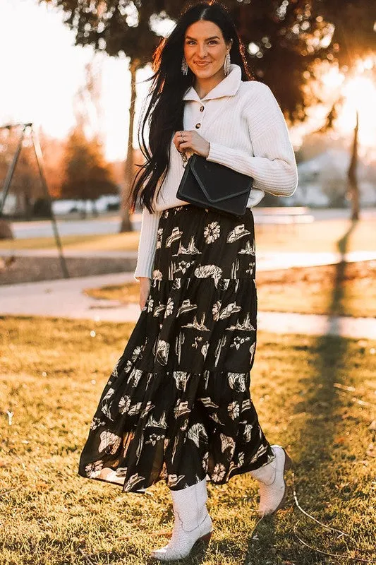 Western Print Tiered Ruffled High Waist Maxi Skirt