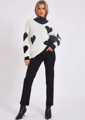 White V Neck Oversized Heart Knit Jumper