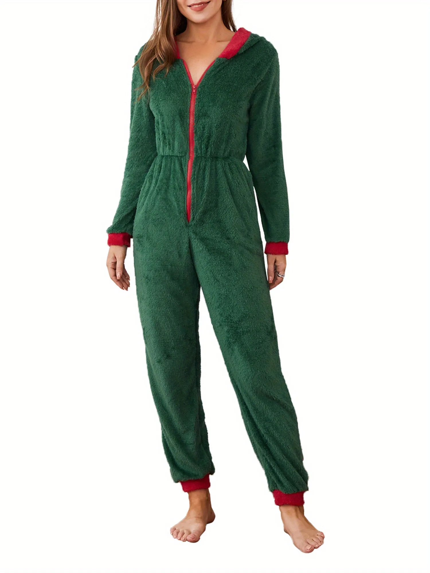 Women Christmas Hooded One-piece Trousers Coral Fleece Solid Color Zipper Jumpsuit Lady Winter Thermal Home Wear