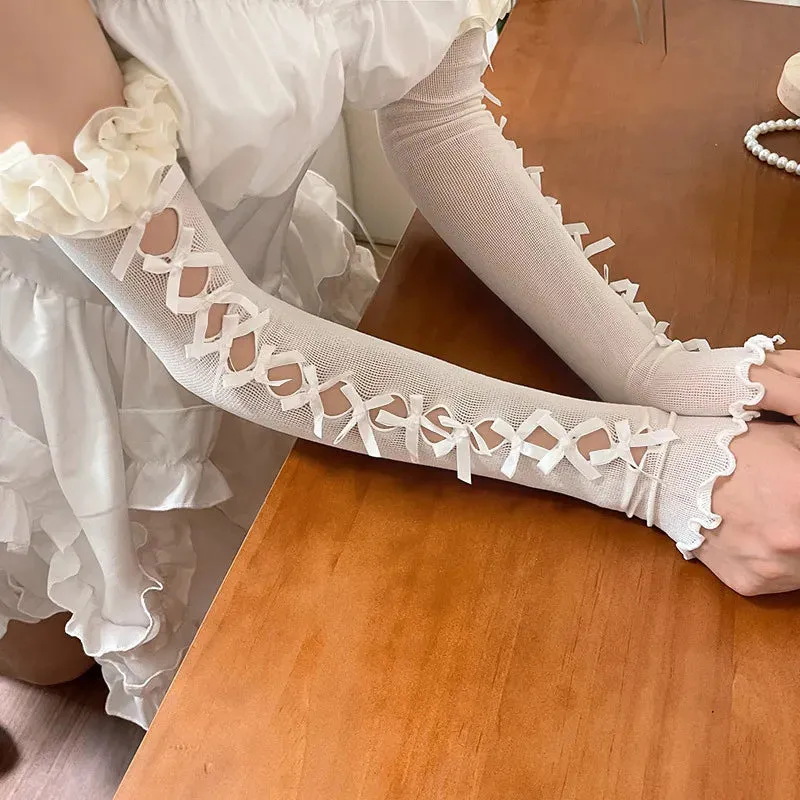 Women Cosplay Lolita Princess Style Lace Flower Thin Fingerless Long Gloves Cute Lovely Sweety Bow Elasticity Soft Hollow