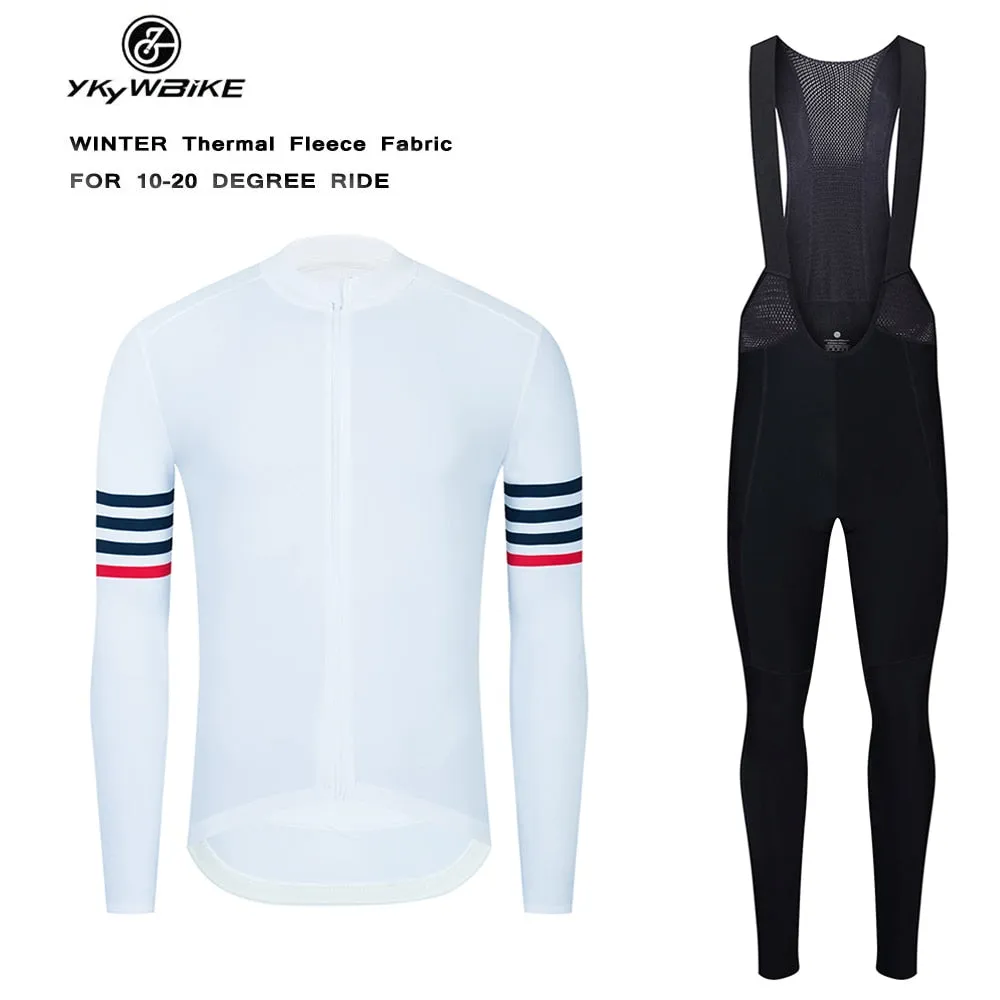 YKYW Men’s Cycling Jersey Set Winter 10-20℃ Thermal Fleece Long Sleeves MTB Cycling Jersey Jackets and 5H Pro Tight Cycling Bib Long Pants with 3 Pockets 4 Perfect Combinations